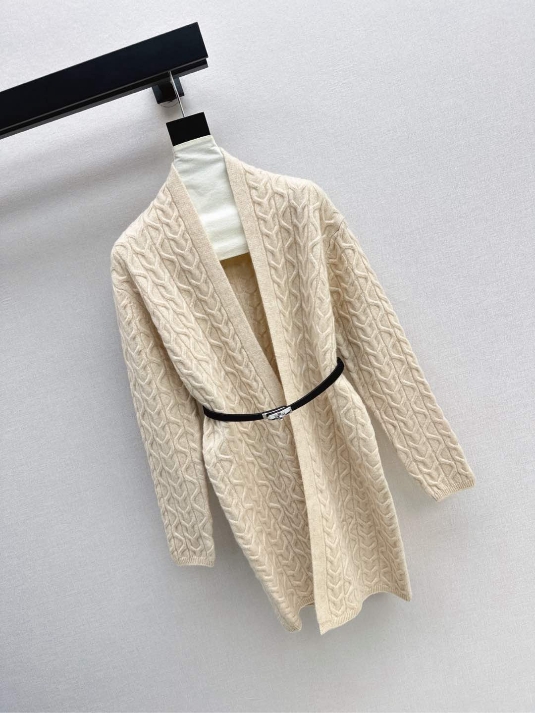 He 25 New hardware belt decoration mid-length wool cardigan(GRAY/BEIGI)