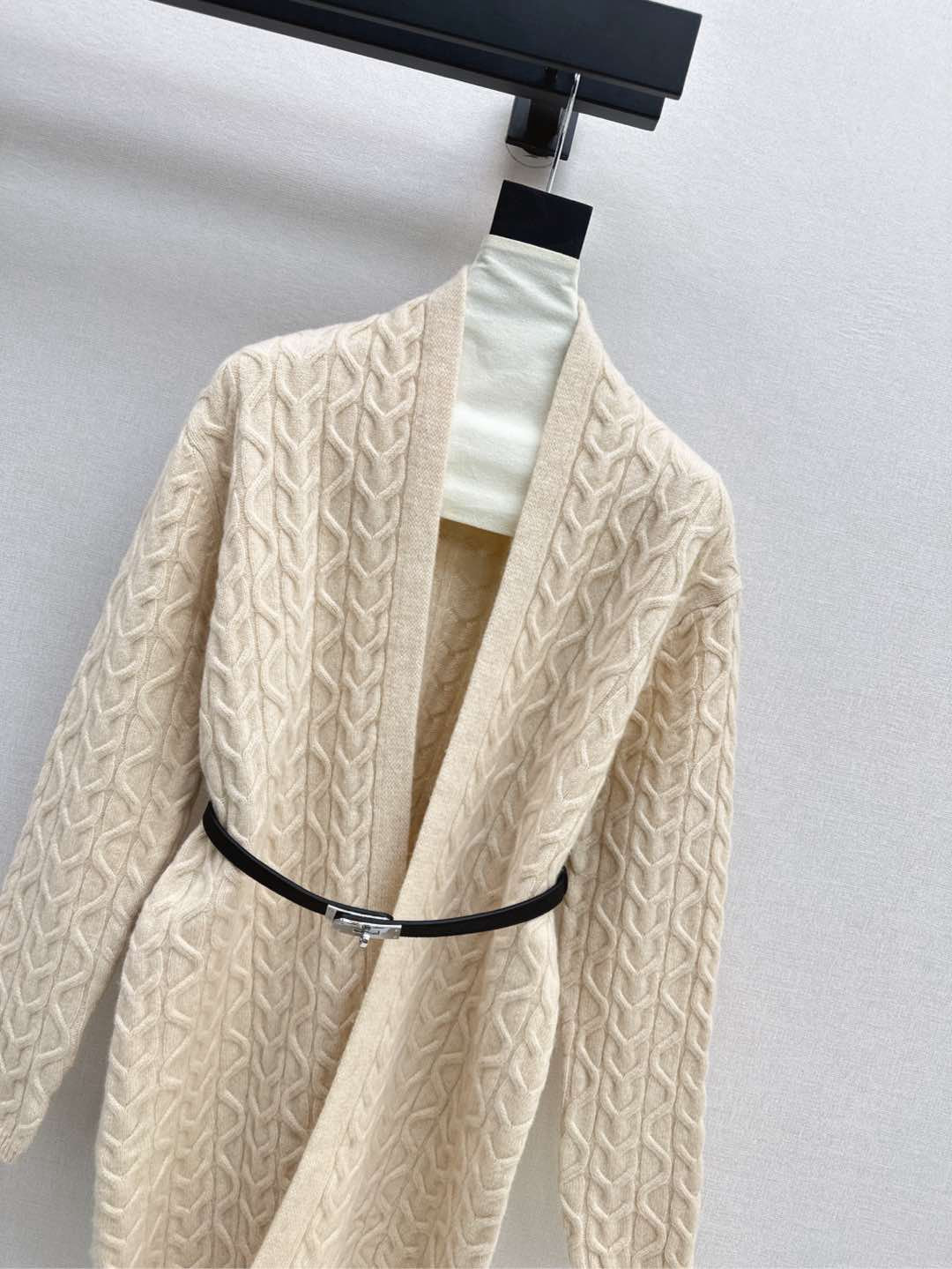 He 25 New hardware belt decoration mid-length wool cardigan(GRAY/BEIGI)