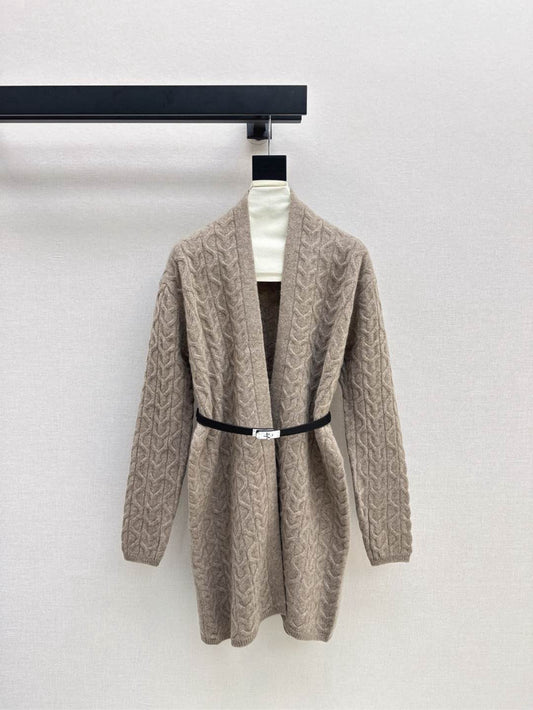 He 25 New hardware belt decoration mid-length wool cardigan(GRAY/BEIGI)