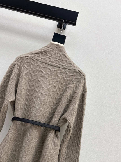 He 25 New hardware belt decoration mid-length wool cardigan(GRAY/BEIGI)