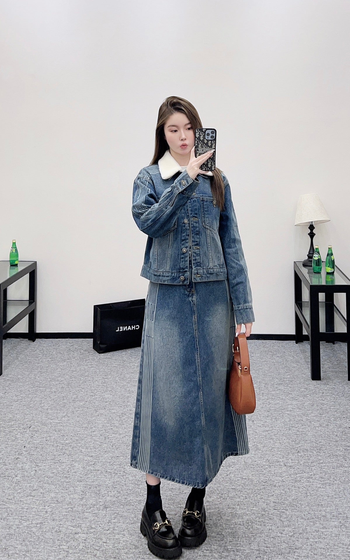 Di 25 Velvet collar denim jacket half skirt set