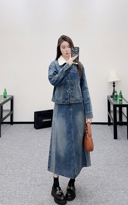 Di 25 Velvet collar denim jacket half skirt set