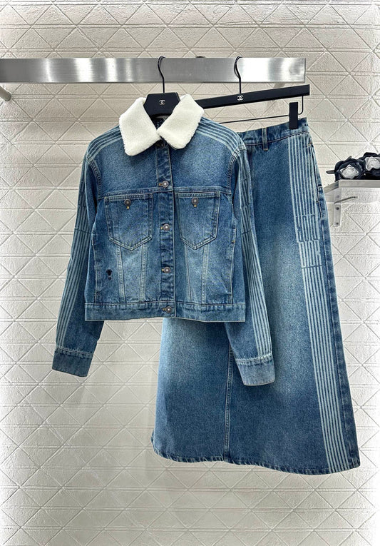 Di 25 Velvet collar denim jacket half skirt set