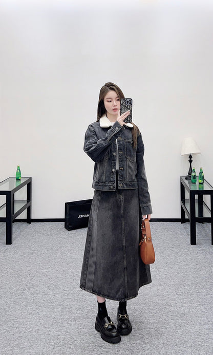 Di 25 Velvet collar denim jacket half skirt set