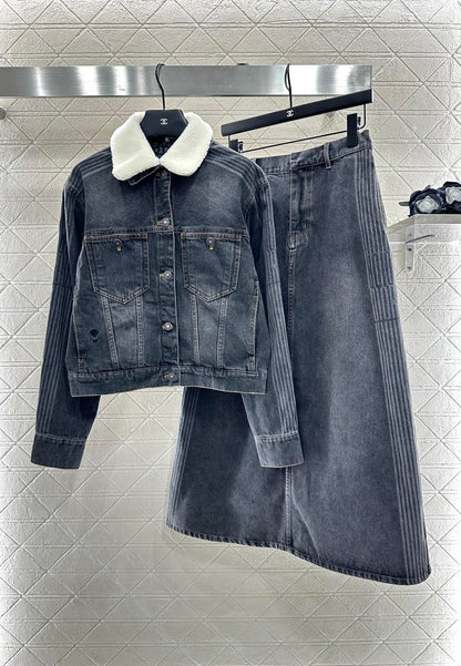 Di 25 Velvet collar denim jacket half skirt set