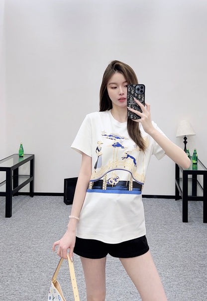 Di 25 Oriental element printed cotton short-sleeved shirt(BLACK/WHITE)