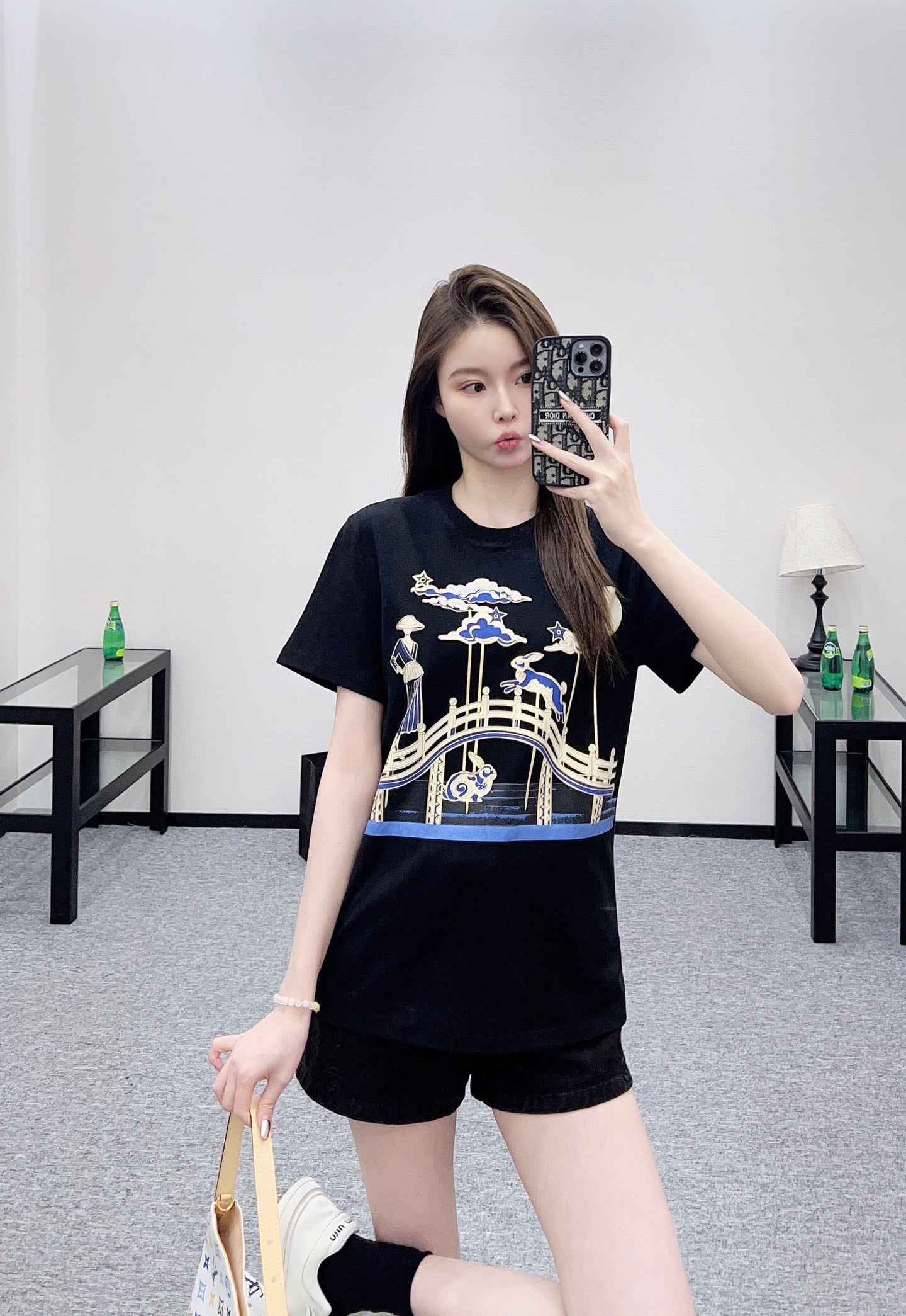 Di 25 Oriental element printed cotton short-sleeved shirt(BLACK/WHITE)