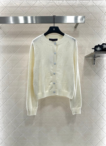 L 25 Openwork Knit Crew Neck Wool and Cashmere Cardigan