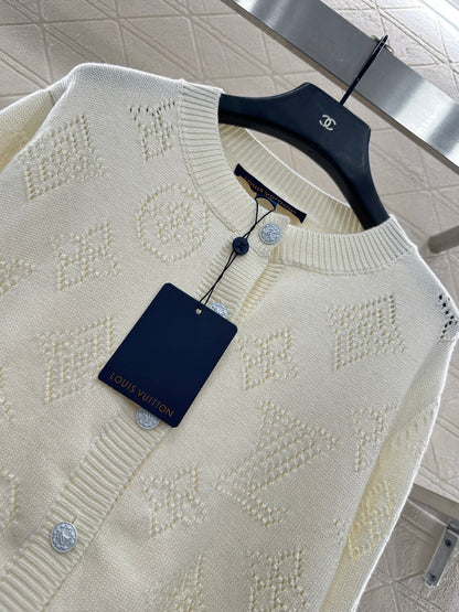 L 25 Openwork Knit Crew Neck Wool and Cashmere Cardigan
