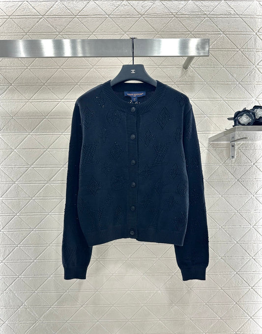 L 25 Openwork Knit Crew Neck Wool and Cashmere Cardigan