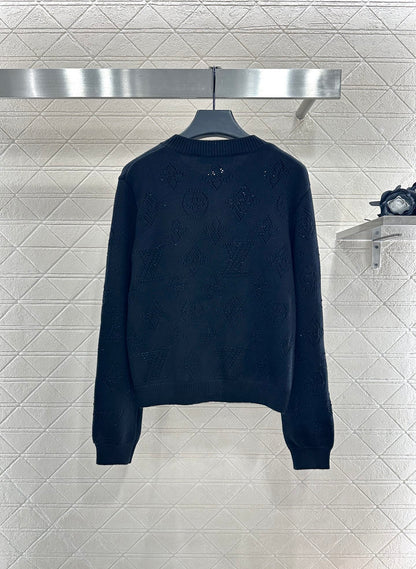 L 25 Openwork Knit Crew Neck Wool and Cashmere Cardigan