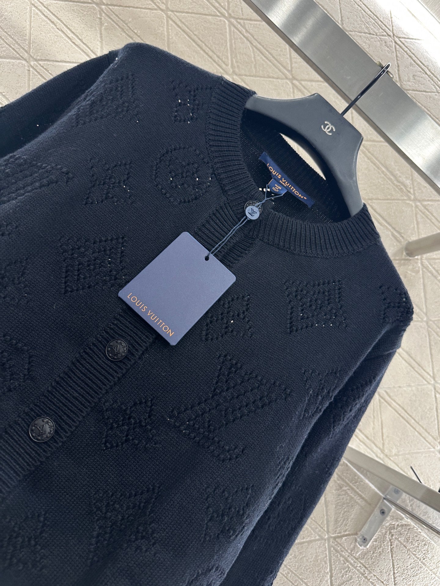 L 25 Openwork Knit Crew Neck Wool and Cashmere Cardigan