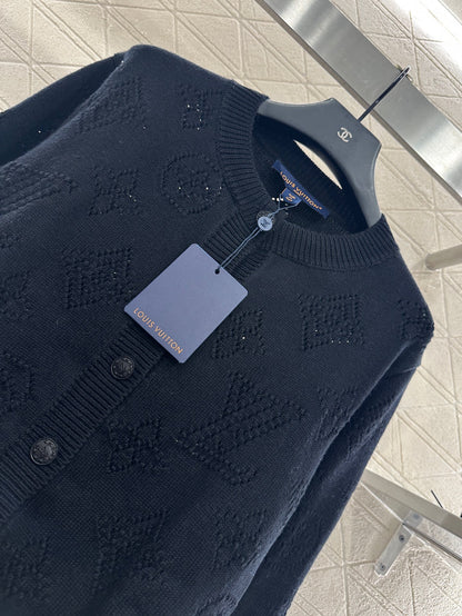 L 25 Openwork Knit Crew Neck Wool and Cashmere Cardigan