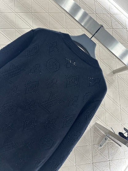 L 25 Openwork Knit Crew Neck Wool and Cashmere Cardigan