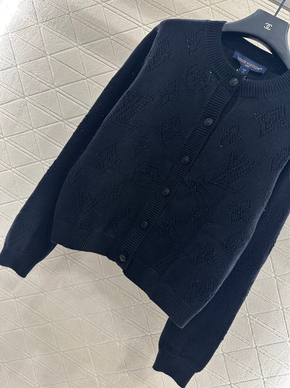 L 25 Openwork Knit Crew Neck Wool and Cashmere Cardigan