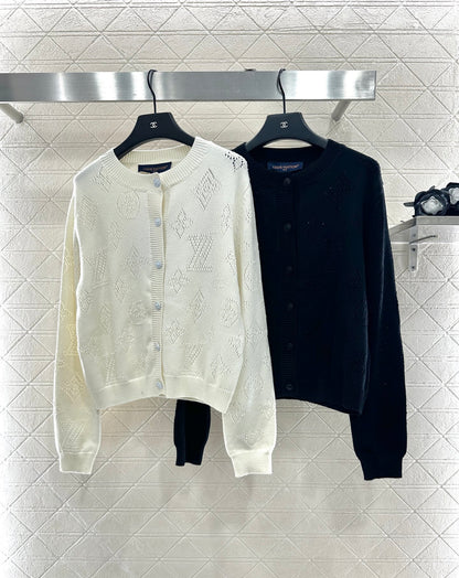 L 25 Openwork Knit Crew Neck Wool and Cashmere Cardigan