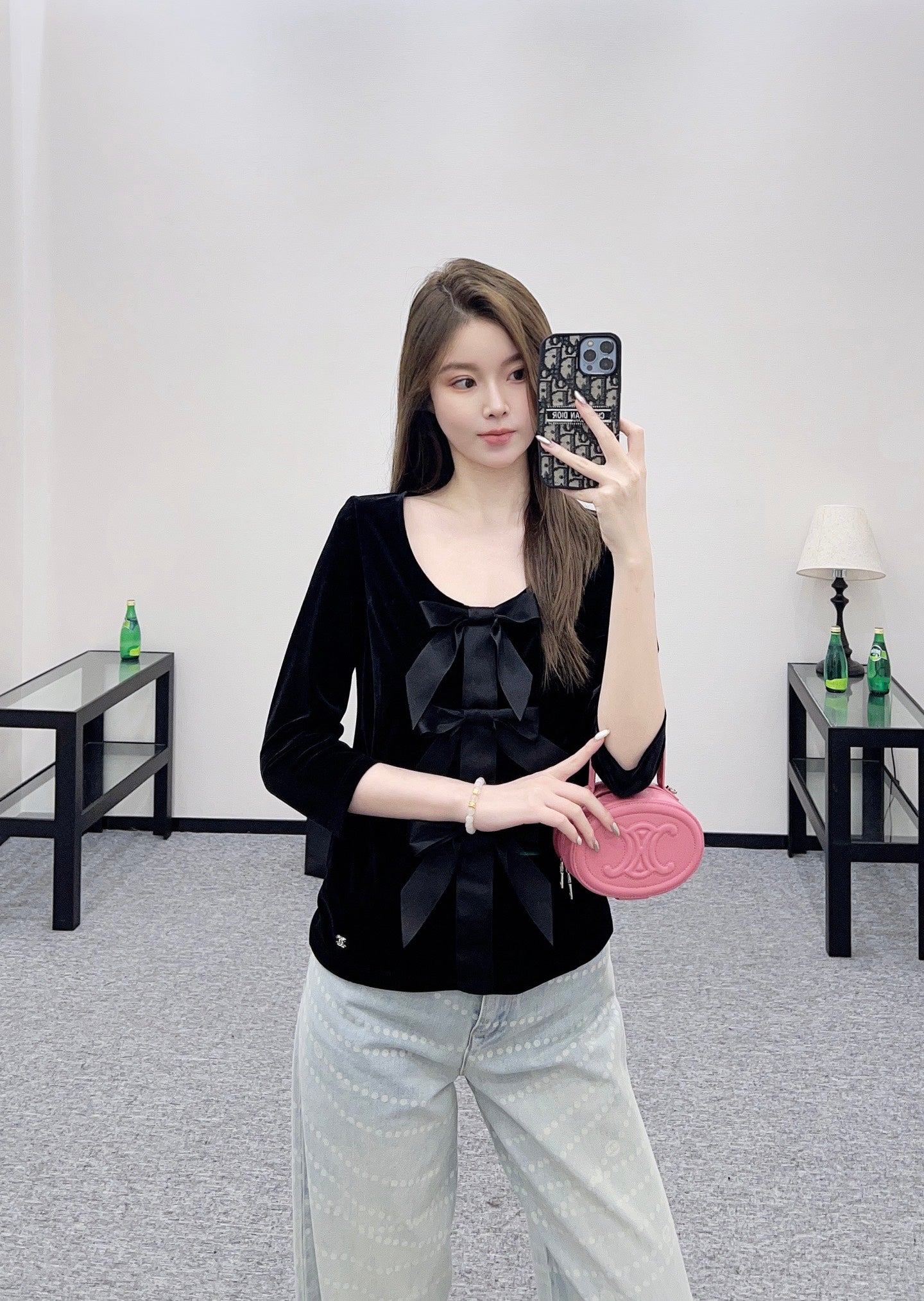 C 25 Sweetheart Neck Bow Tie Mid-Sleeve Top