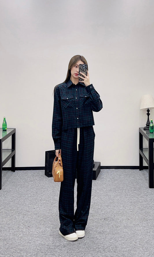 Mi 25 Collar plaid wool shirt and pants set