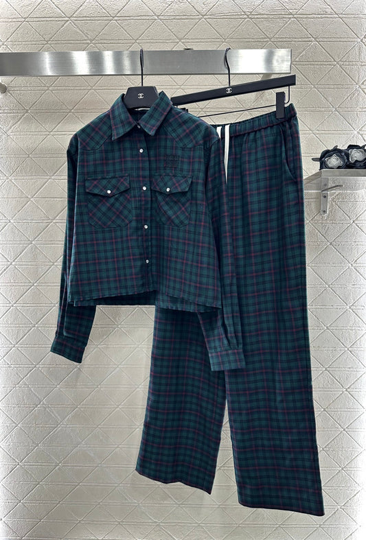 Mi 25 Collar plaid wool shirt and pants set