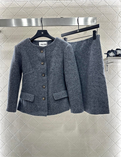 Mi 25 Round neck woolen coarse woolen coat short skirt set
