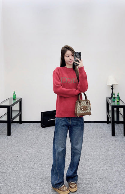 Gu 25 Simple letter cashmere wool sweater(RED/BROWN)