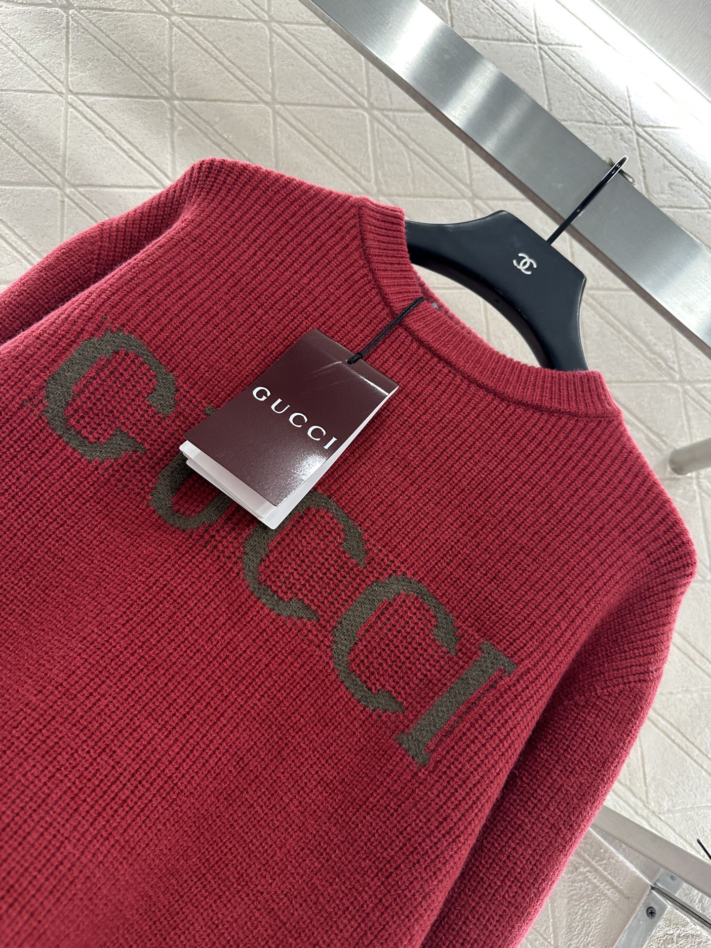 Gu 25 Simple letter cashmere wool sweater(RED/BROWN)