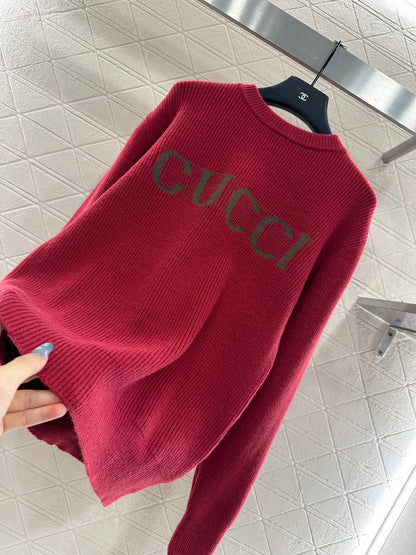 Gu 25 Simple letter cashmere wool sweater(RED/BROWN)