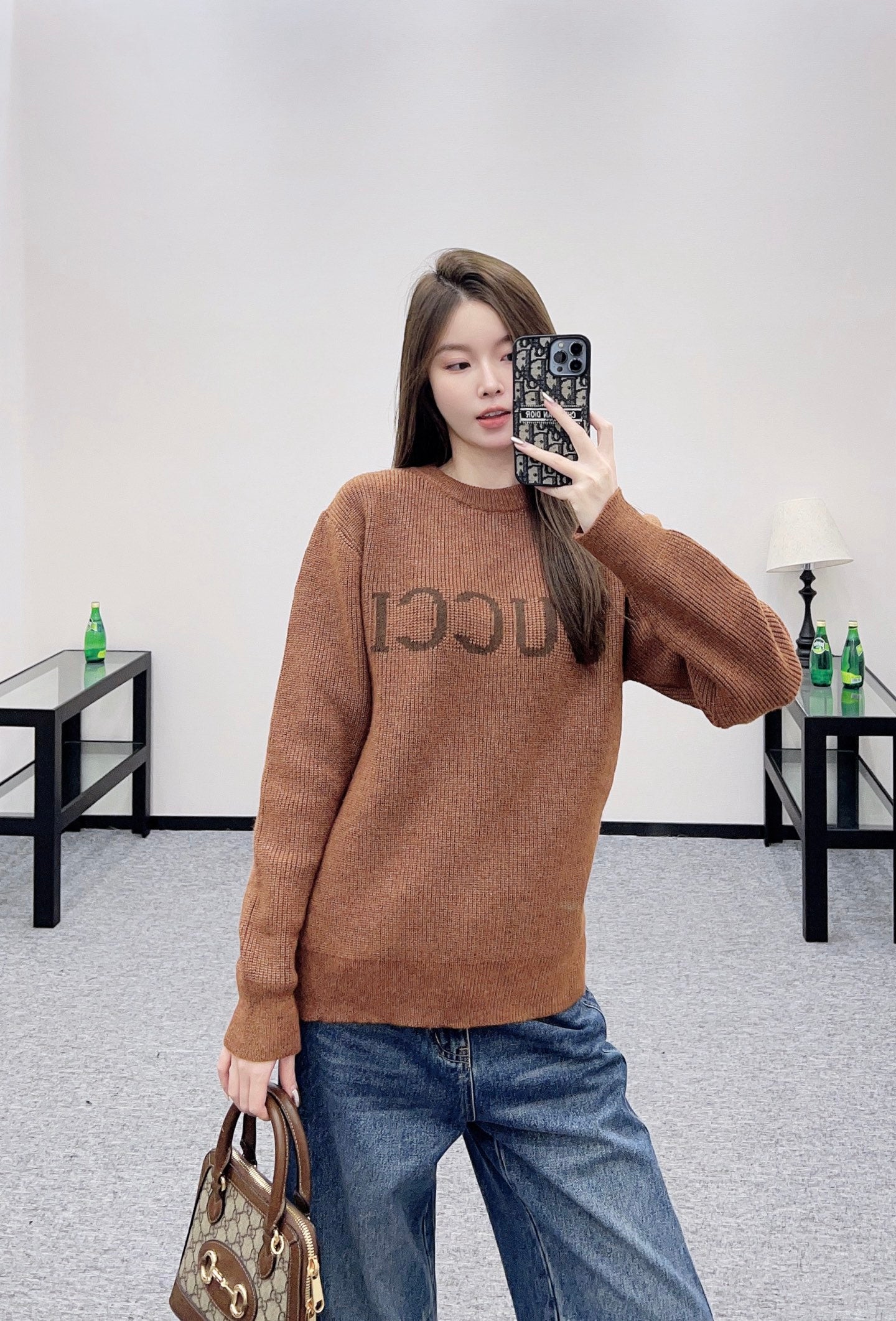 Gu 25 Simple letter cashmere wool sweater(RED/BROWN)