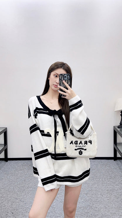 Ce 25 Striped Knitted Wool Top and Shorts Set(BLACK/WHITE)