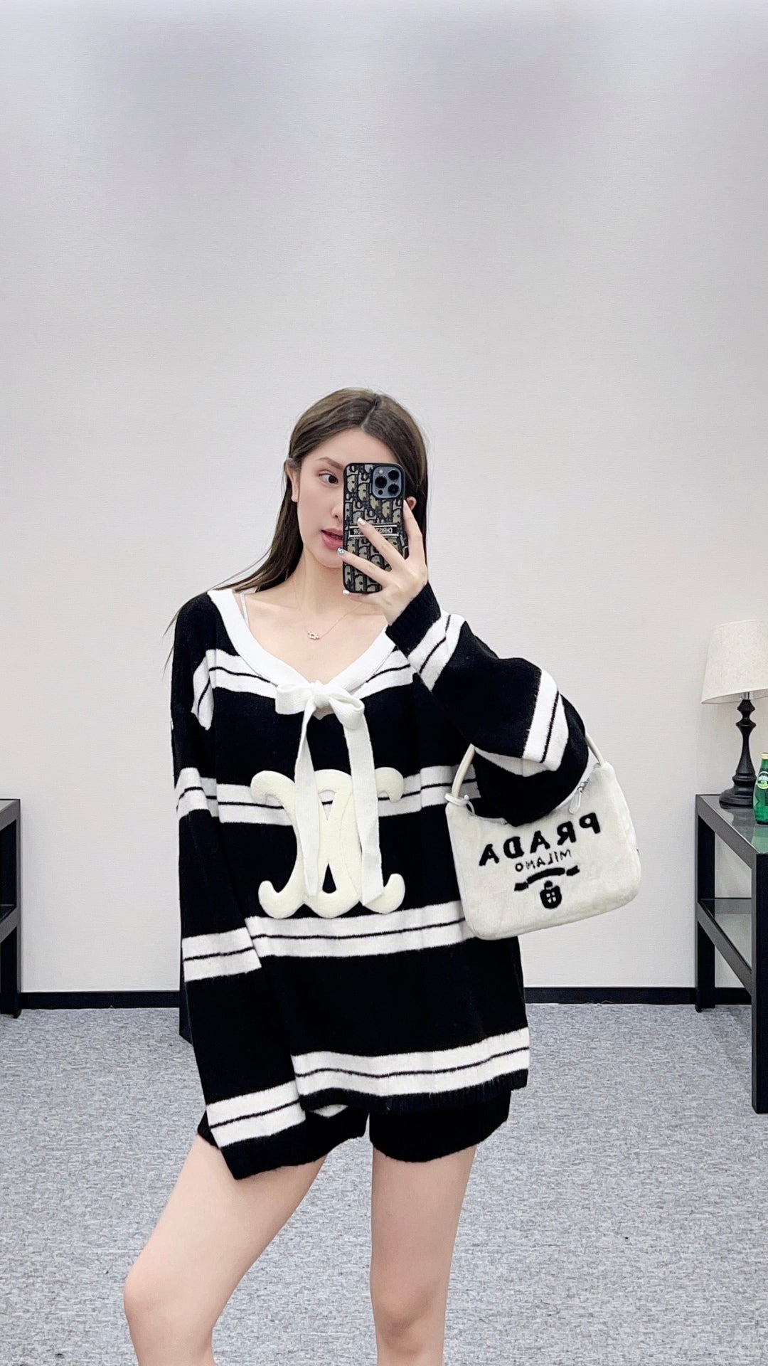 Ce 25 Striped Knitted Wool Top and Shorts Set(BLACK/WHITE)