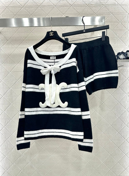 Ce 25 Striped Knitted Wool Top and Shorts Set(BLACK/WHITE)