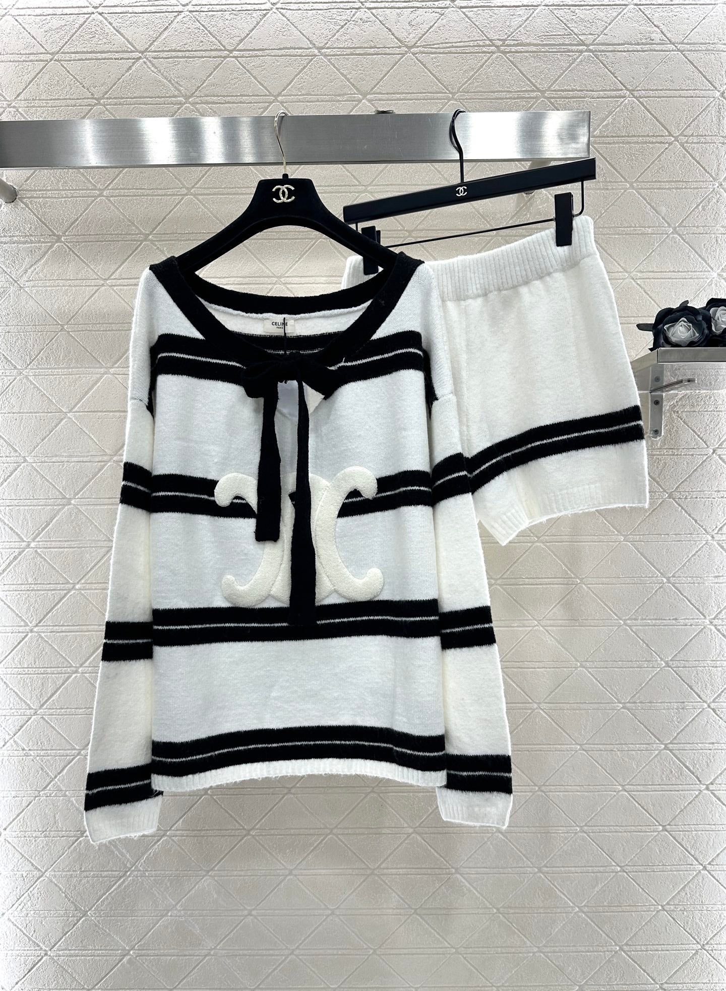 Ce 25 Striped Knitted Wool Top and Shorts Set(BLACK/WHITE)