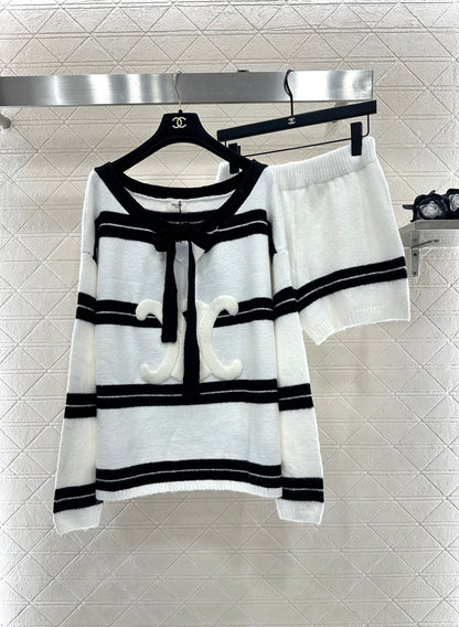 Ce 25 Striped Knitted Wool Top and Shorts Set(BLACK/WHITE)