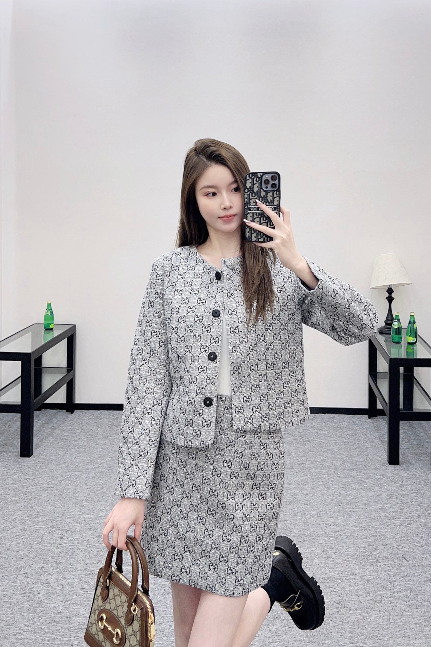 Gu 25 Hot stamping round neck dress jacket and half skirt set