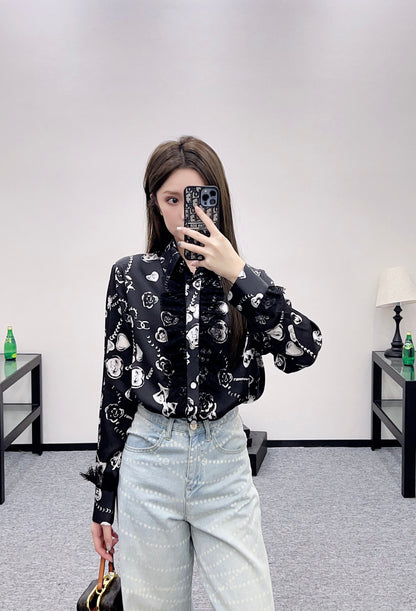 C 25 Letter stitch printed silk lace shirt