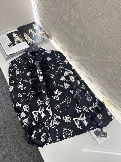 C 25 Letter stitch printed silk lace shirt