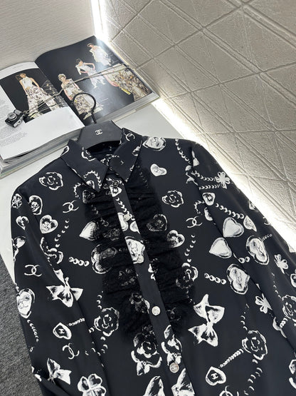 C 25 Letter stitch printed silk lace shirt