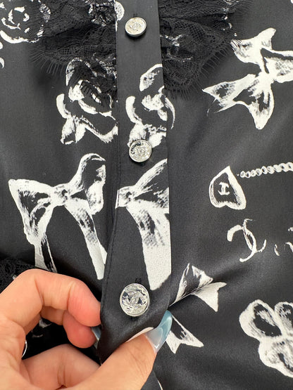 C 25 Letter stitch printed silk lace shirt