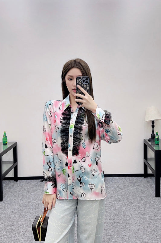 C 25 Letter stitch printed silk lace shirt