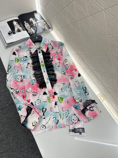 C 25 Letter stitch printed silk lace shirt