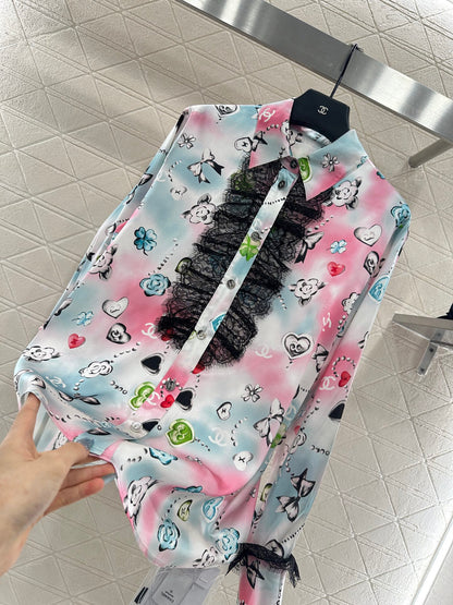 C 25 Letter stitch printed silk lace shirt