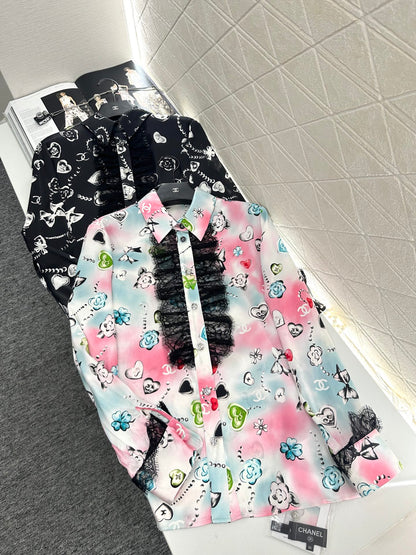 C 25 Letter stitch printed silk lace shirt