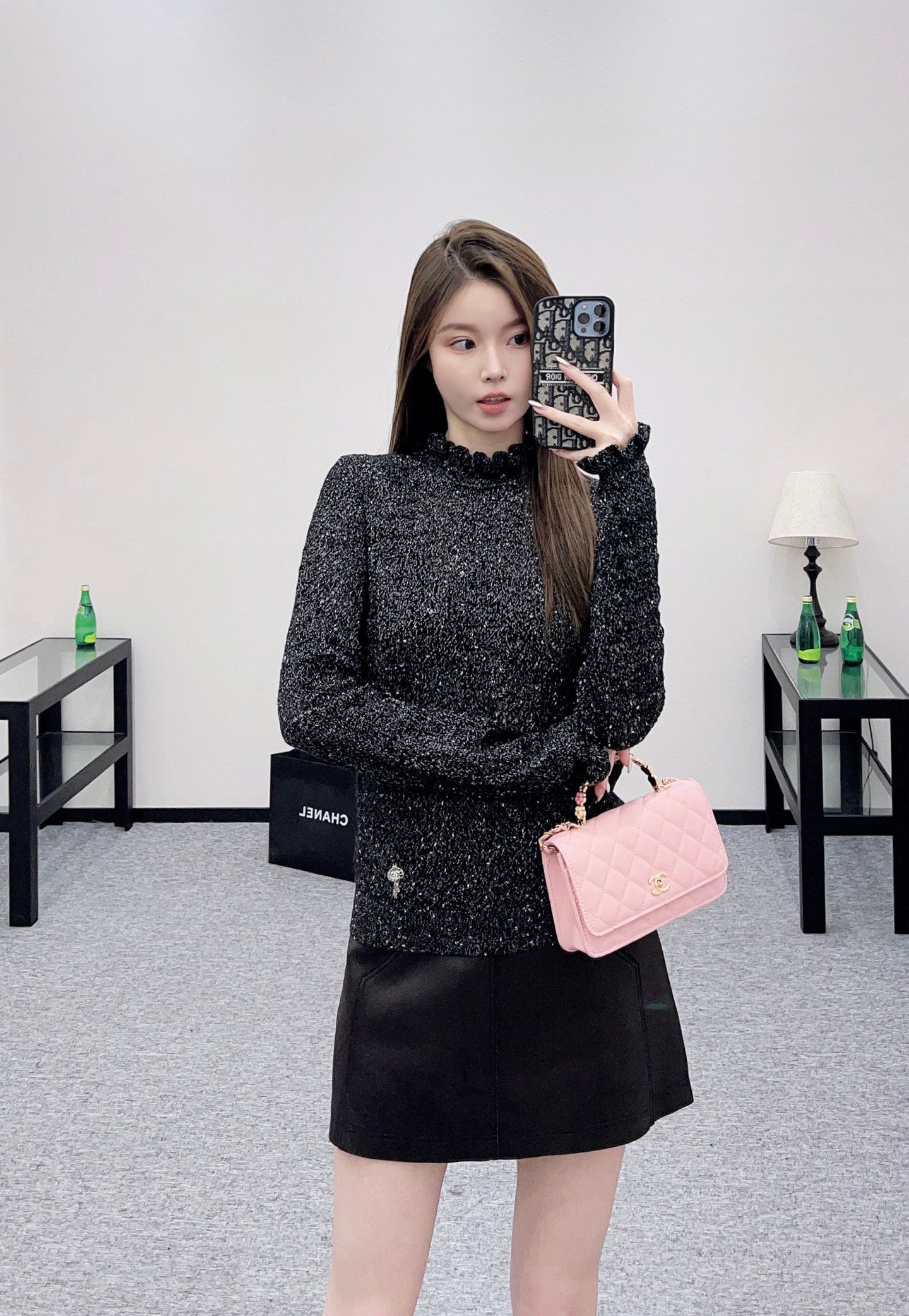C 25 Black fungus lace stand collar cashmere blend long sleeved shirt