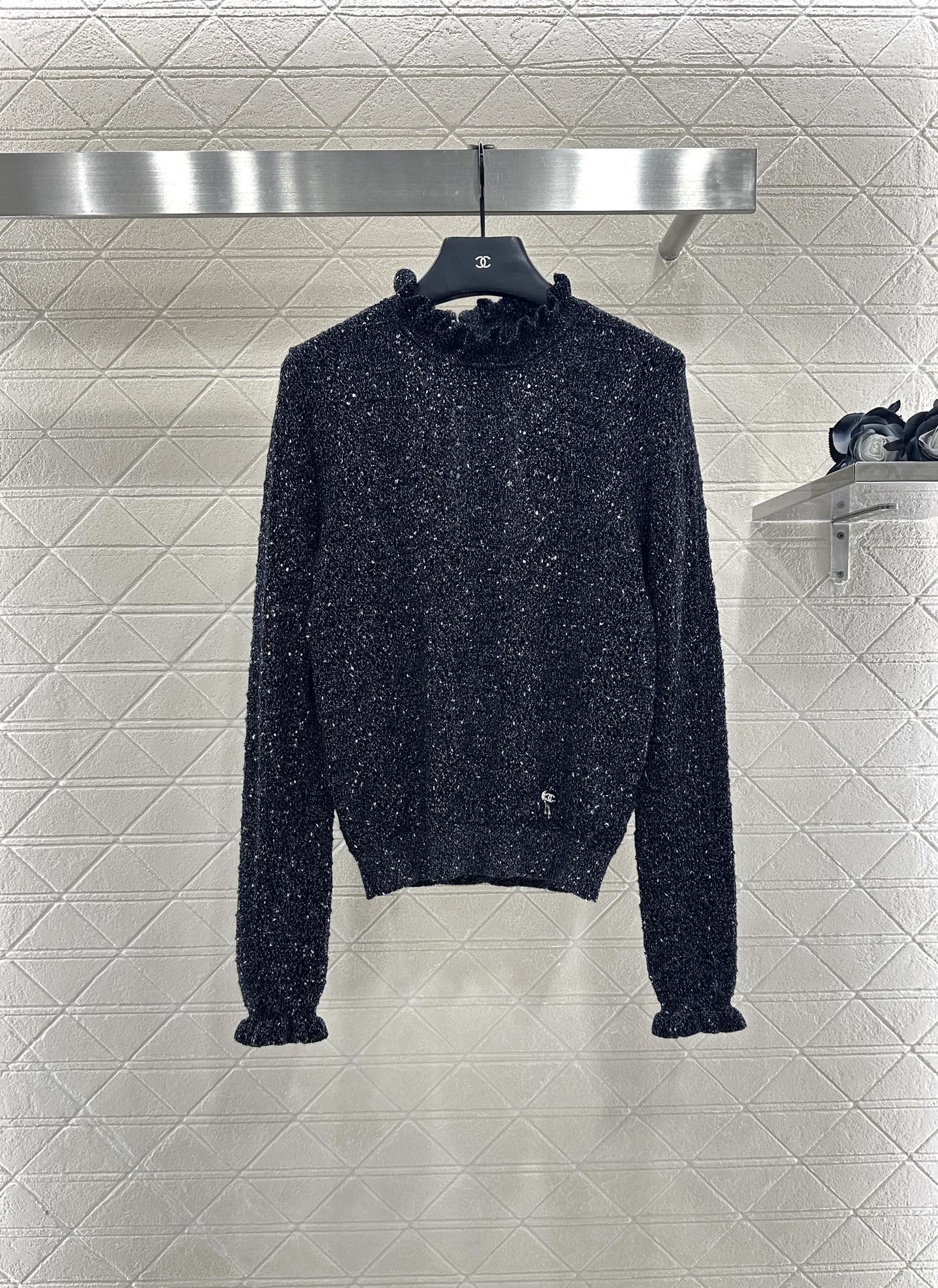 C 25 Black fungus lace stand collar cashmere blend long sleeved shirt