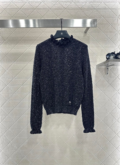 C 25 Black fungus lace stand collar cashmere blend long sleeved shirt