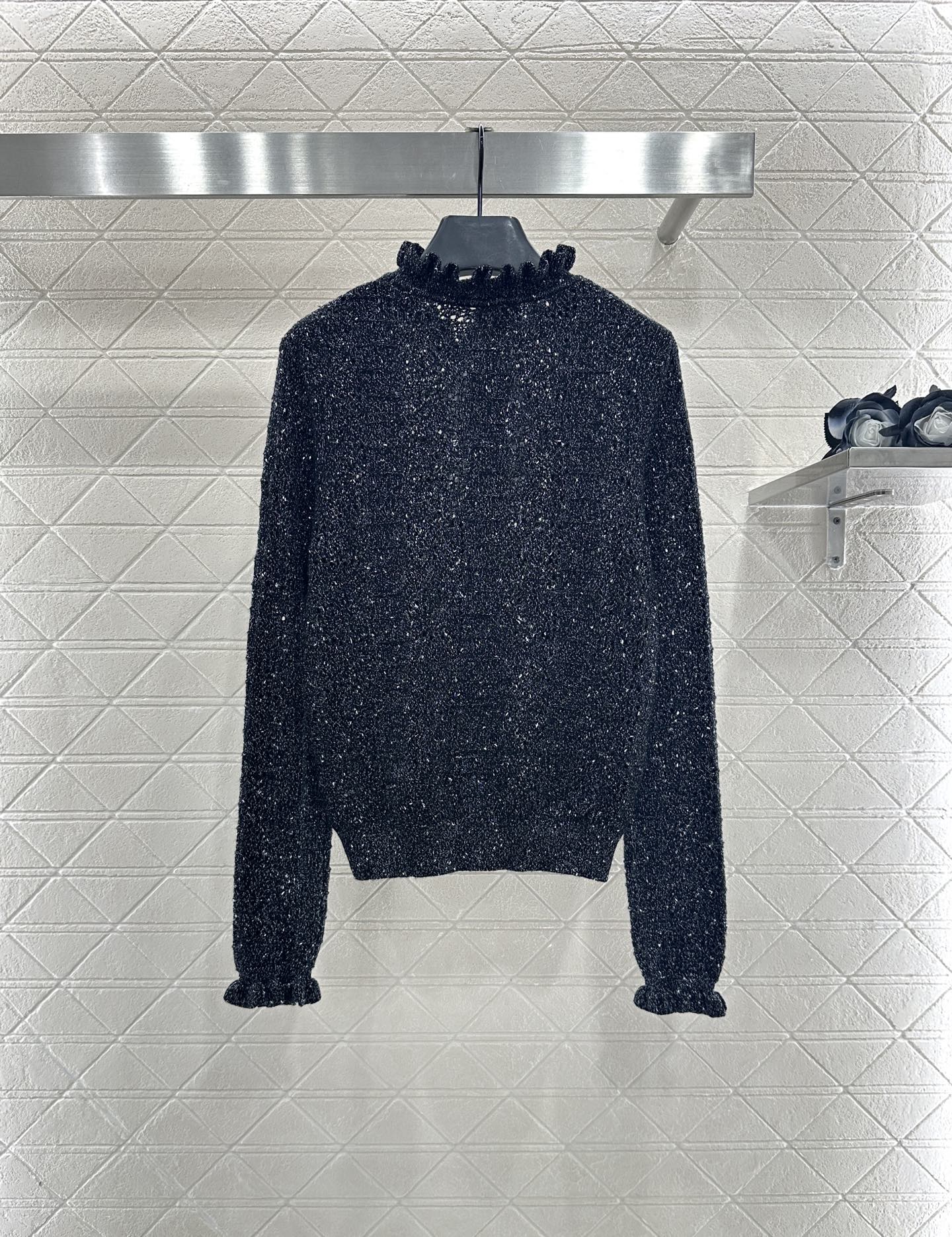 C 25 Black fungus lace stand collar cashmere blend long sleeved shirt