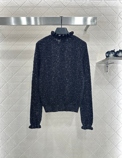 C 25 Black fungus lace stand collar cashmere blend long sleeved shirt