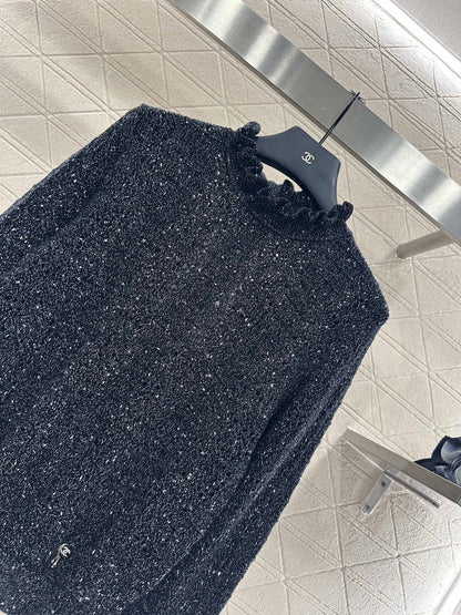 C 25 Black fungus lace stand collar cashmere blend long sleeved shirt