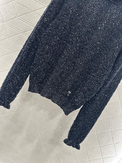 C 25 Black fungus lace stand collar cashmere blend long sleeved shirt