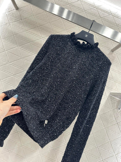 C 25 Black fungus lace stand collar cashmere blend long sleeved shirt
